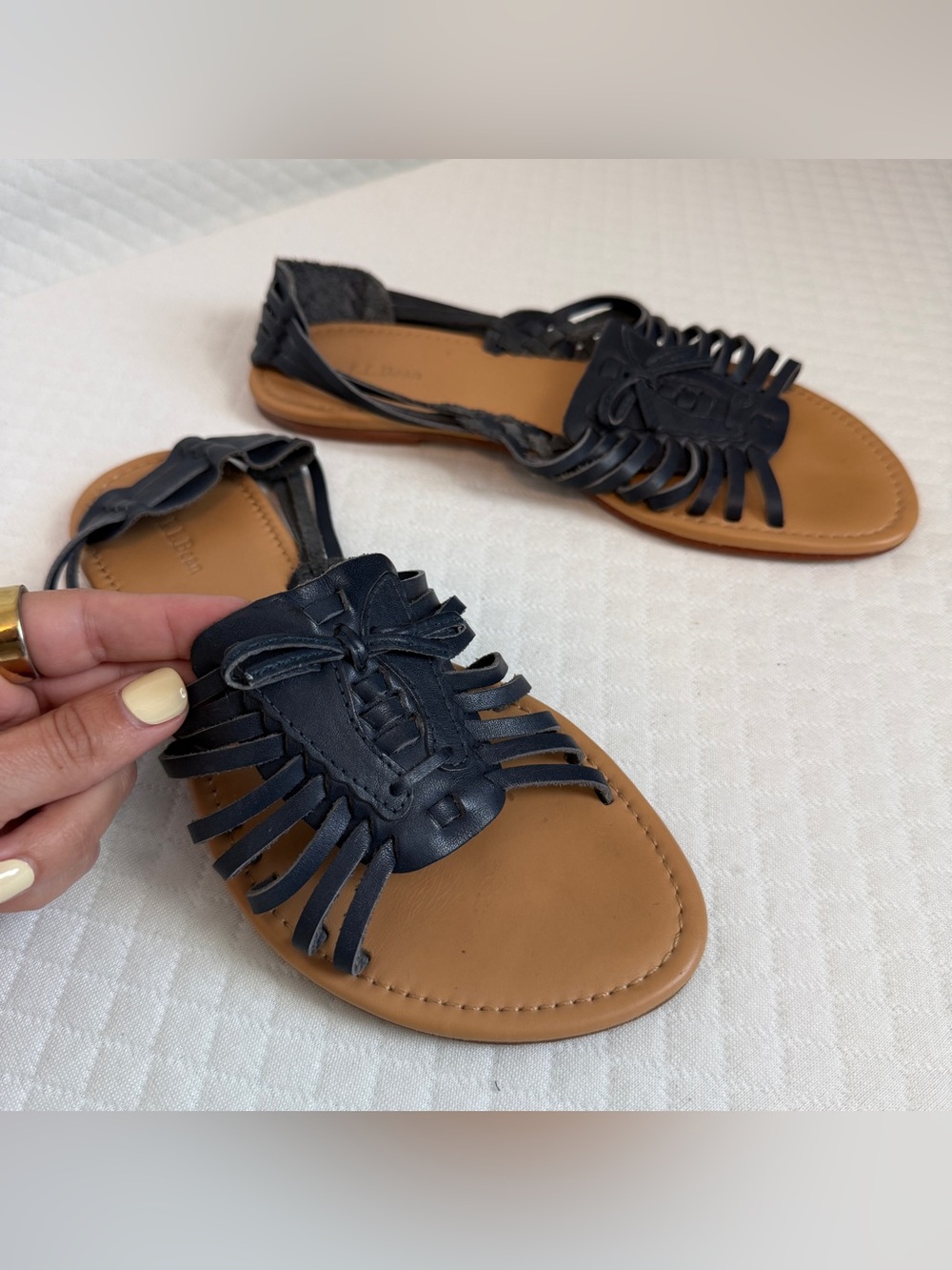 Women Huarache Woven Leather Sandals Women 7.5 Navy Blue Brazil L.L. Bean Boho